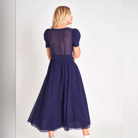 LoveShackFancy Blue Midi long Dress hutchinson silk crepe shirred flowy size 0 - Picture 4 of 10